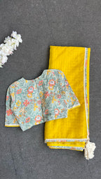 Yellow checked organza with floral cotton blouse