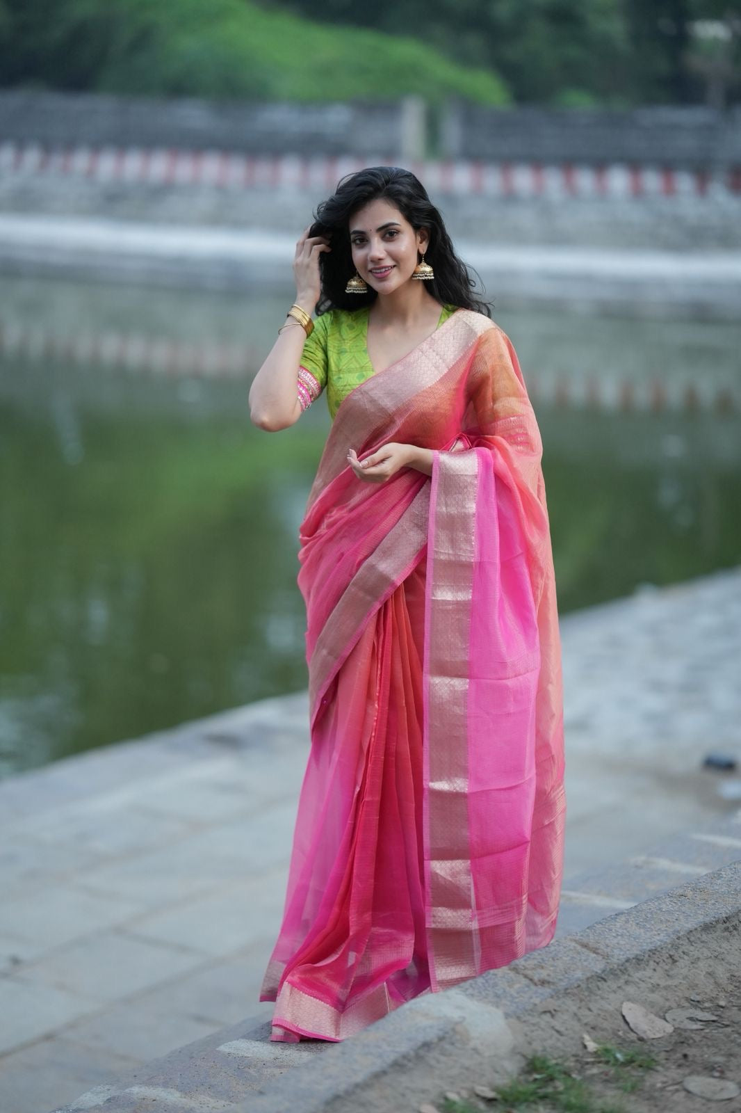 Parrot ikkat silk hand work blouse (Only blouse)