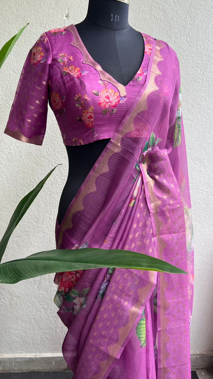 Light megenta kota floral saree with blouse