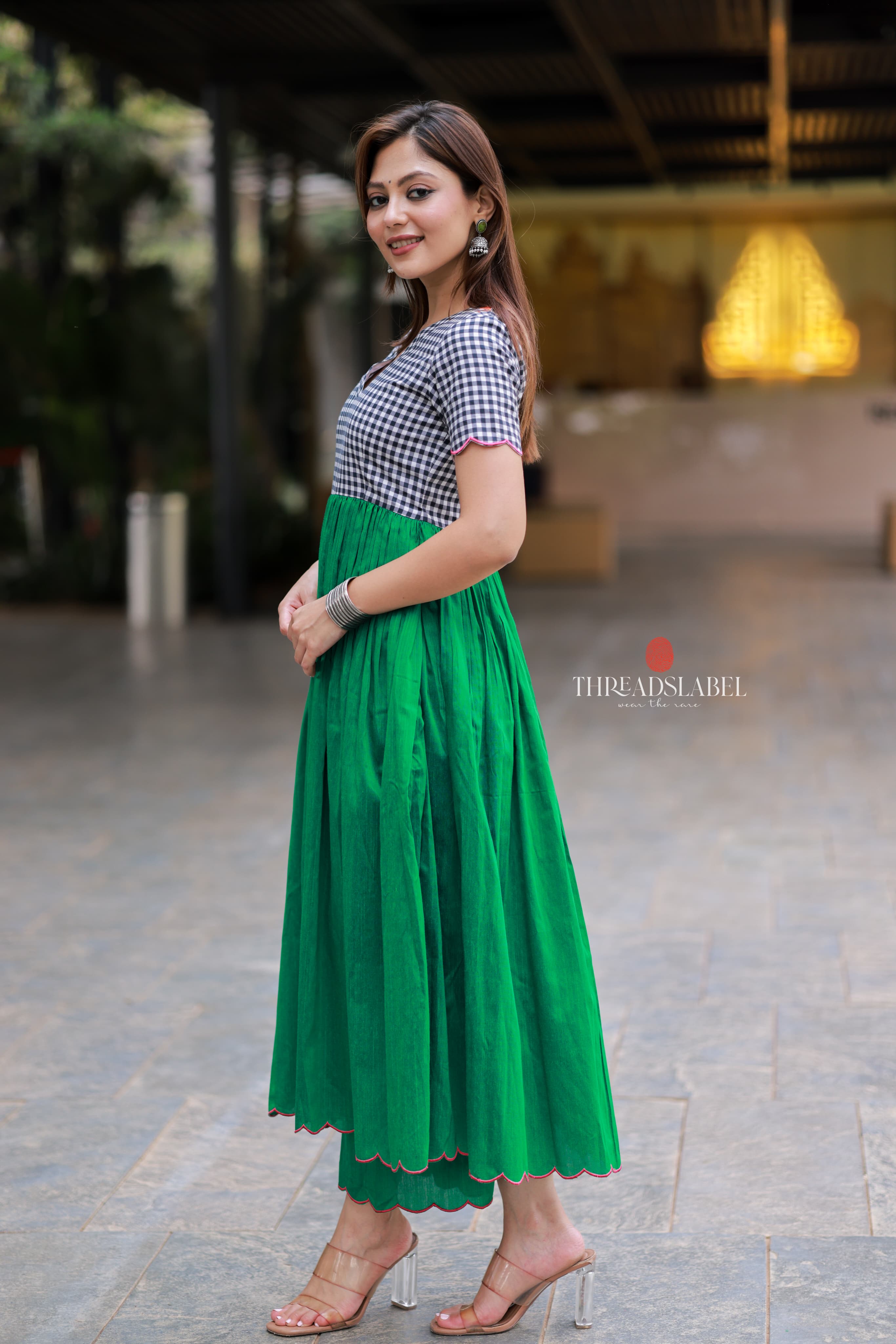 Grey green anarkali kurti set
