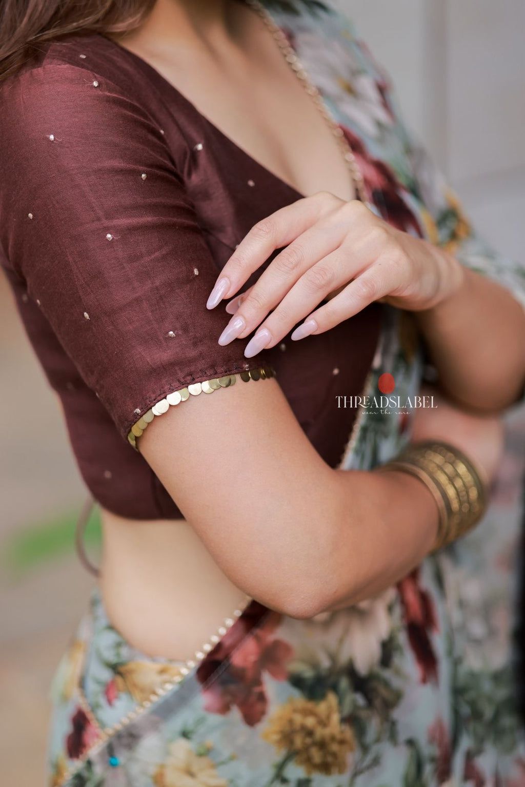 Sage green floral chiffon saree with hand work blouse
