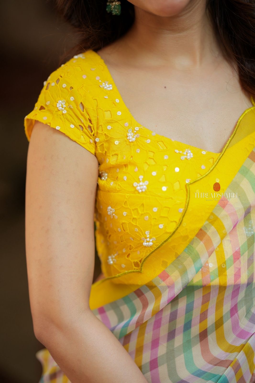 Multi viscose jute saree with hand work blouse