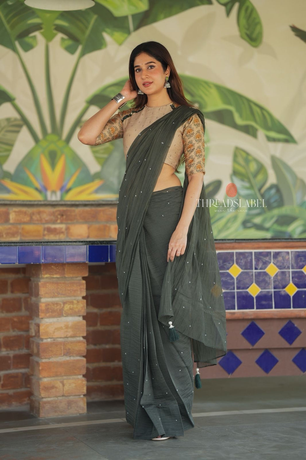 Bottle green mul chanderi saree with mirror work blouse