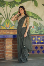Bottle green mul chanderi saree with mirror work blouse