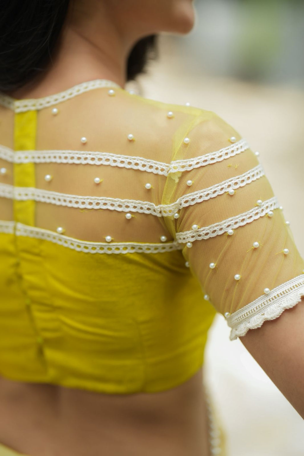 Fenugreek organza saree with hand work blouse