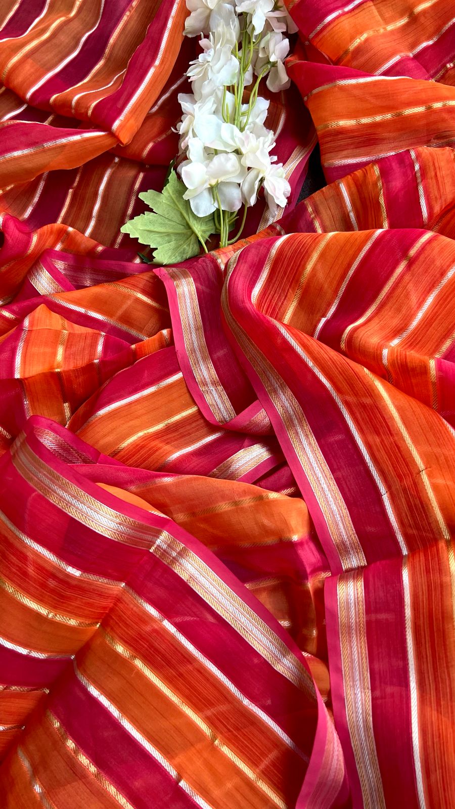 Pink & orange stripped soft organza saree with banarasi hand work blouse