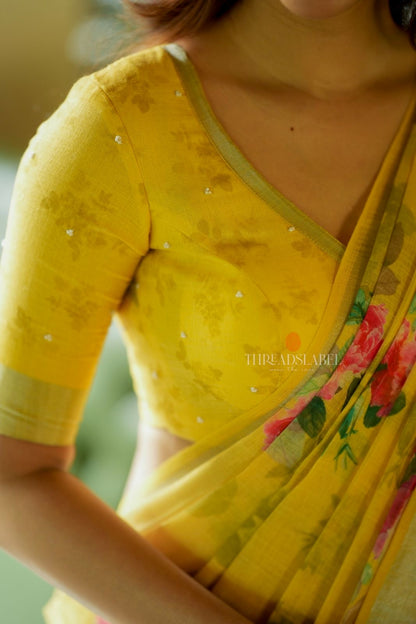 Yellow linen cotton saree with hand work blouse