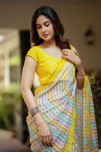 Multi viscose jute saree with hand work blouse