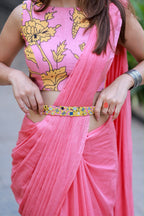 Pink mul chanderi saree with handwork blouse