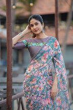 Blue floral georgette saree with grey embroidery blouse