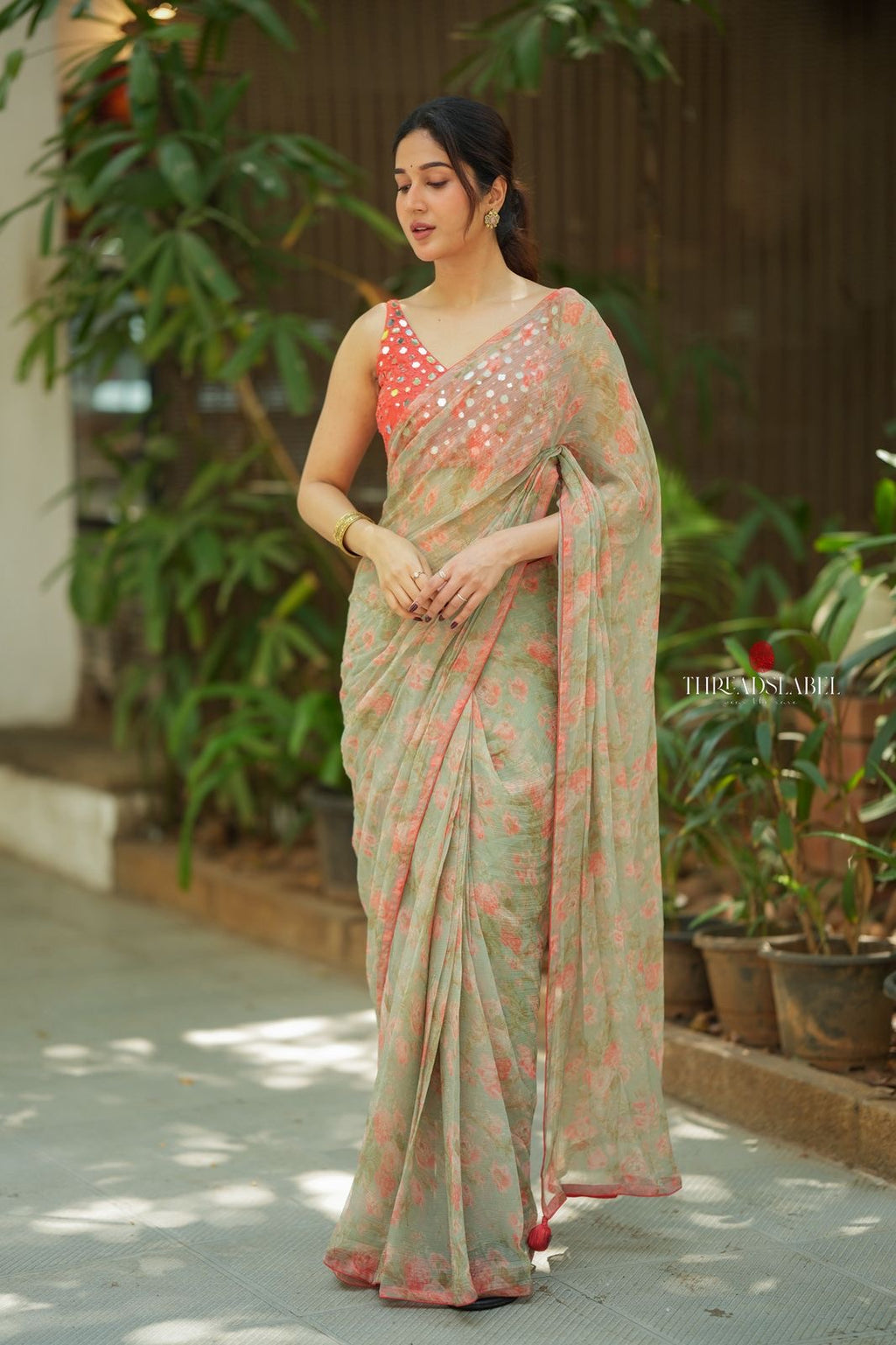 Red silk mirror hand work blouse (only blouse)
