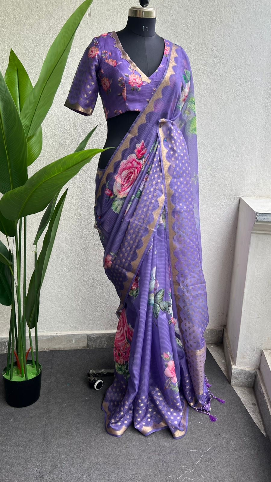 Lavender kota floral saree with blouse