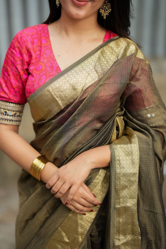 Black & gold banarasi silk saree with pink ikkat blouse