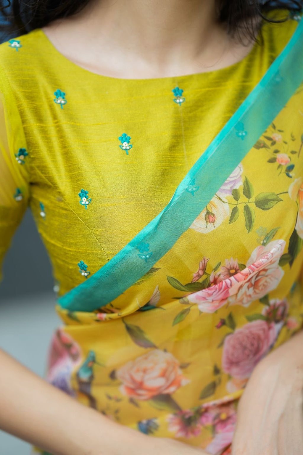 Fenugreek floral organza designer saree