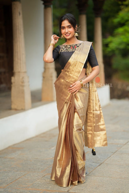 Golden tissue saree with black hand work blouse