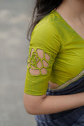 Parrot green silk floral hand work blouse (only blouse )