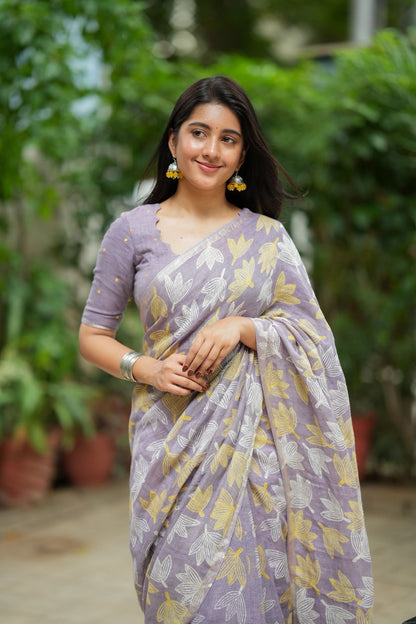Lavender linen floral saree with hand work blouse