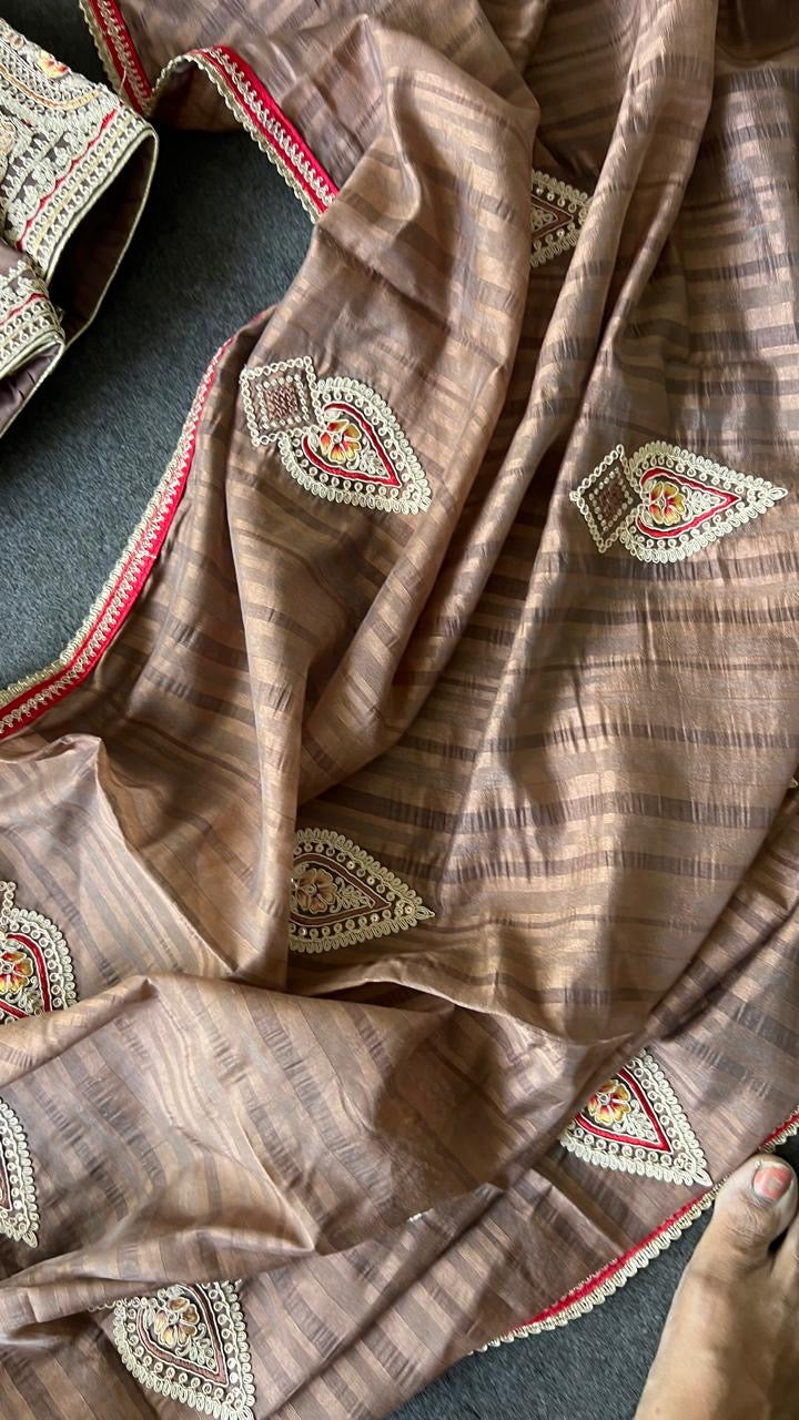 Caramel muslin silk embroidery saree with blouse