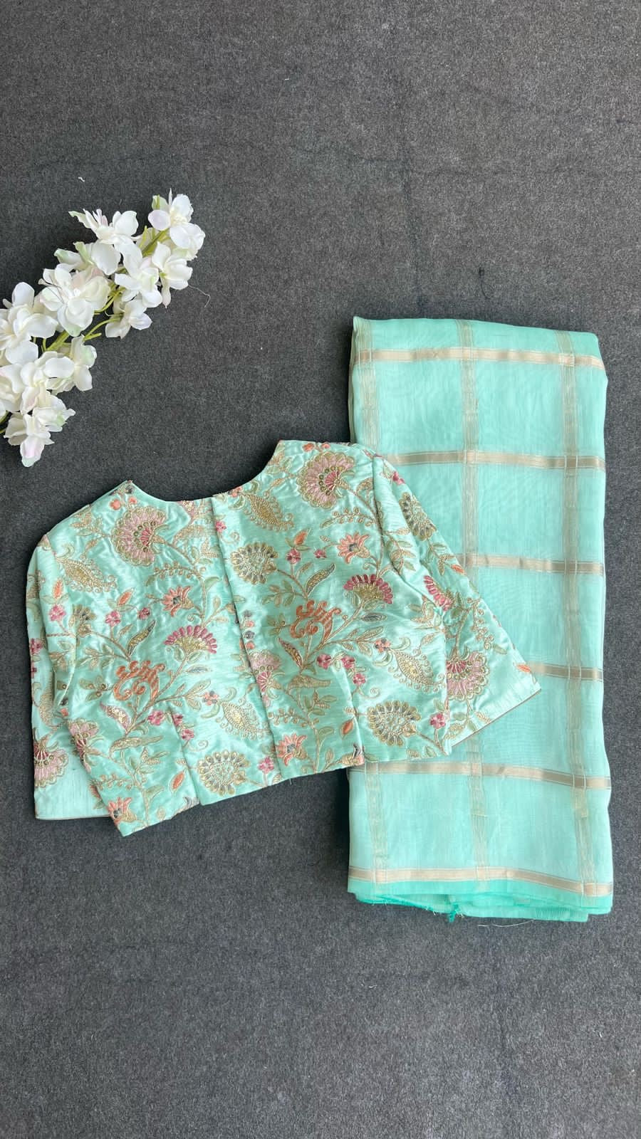 Cyan blue embroidery work blouse
