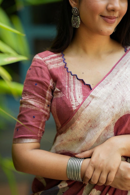 Brown linen floral saree with hand work blouse