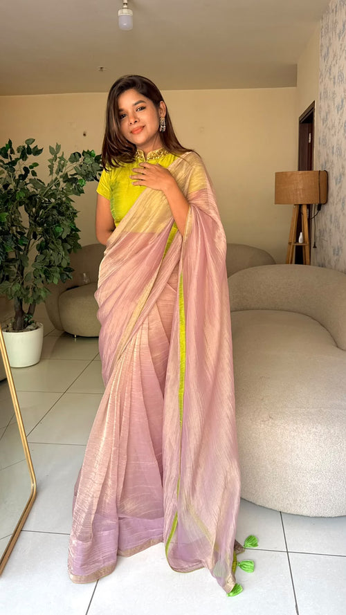 Purple pink tissue saree with hand work blouse