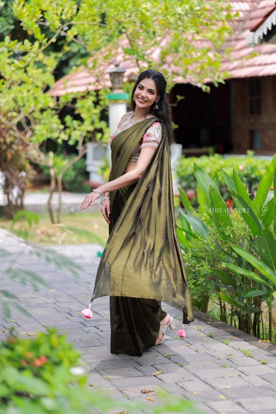 Bottle green Marble Saree with Handwork Blouse