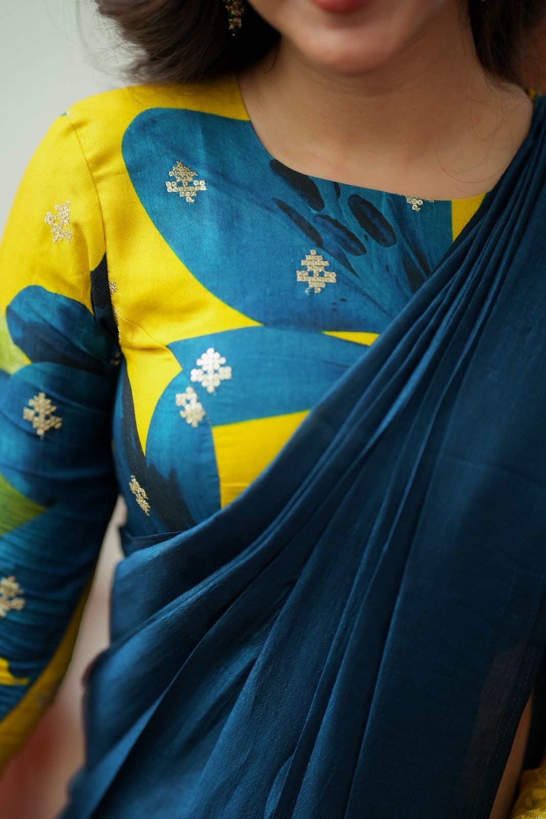 Deep blue marble silk saree with embroidery blouse