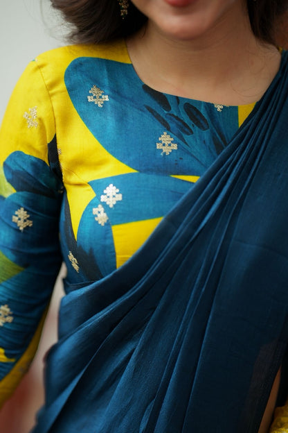 Deep blue marble silk saree with embroidery blouse