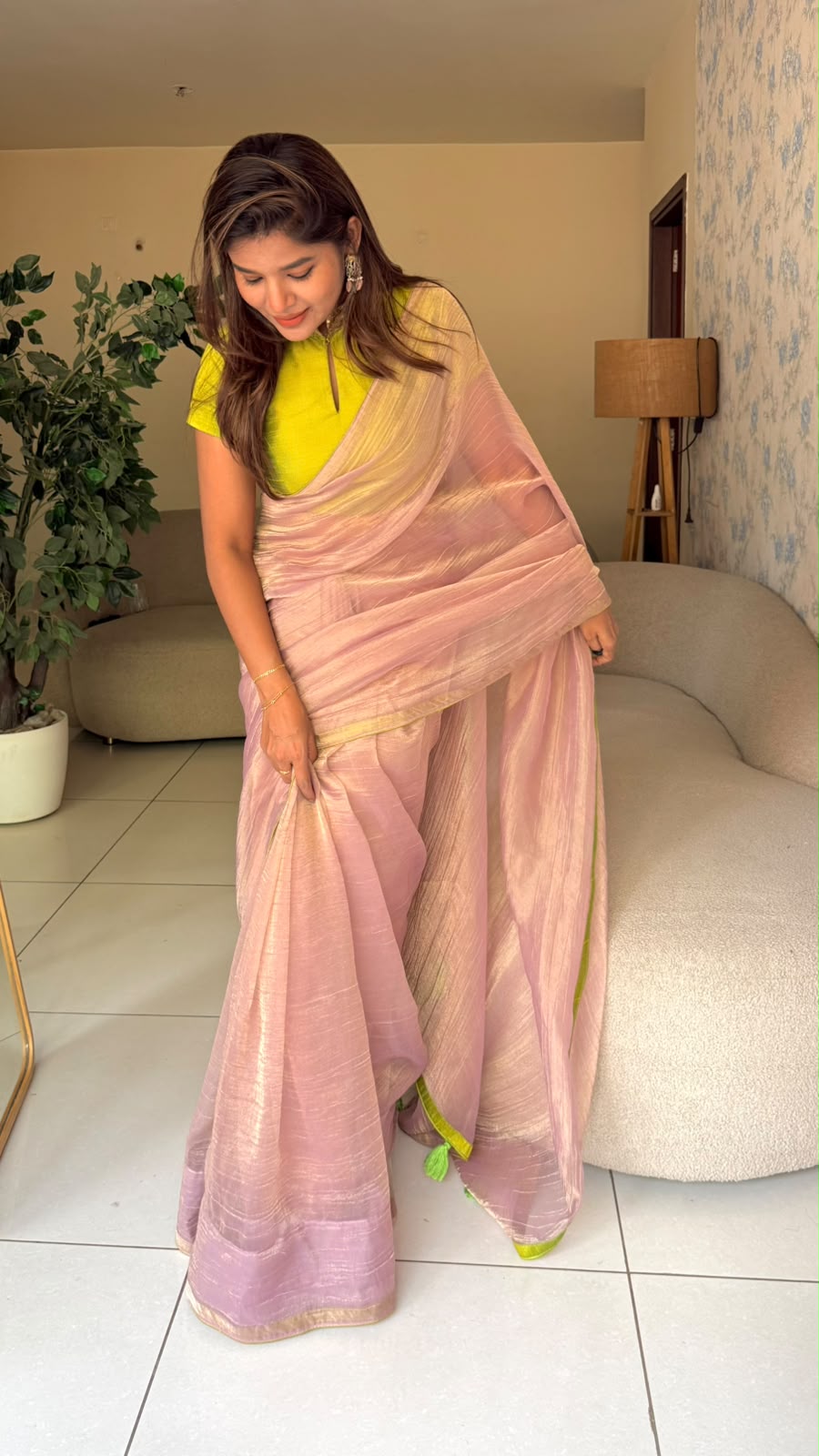 Purple pink tissue saree with hand work blouse