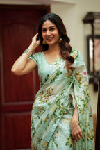 Sea green viscose jute floral saree (only saree)