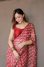 Red cotton kota saree with hand work blouse