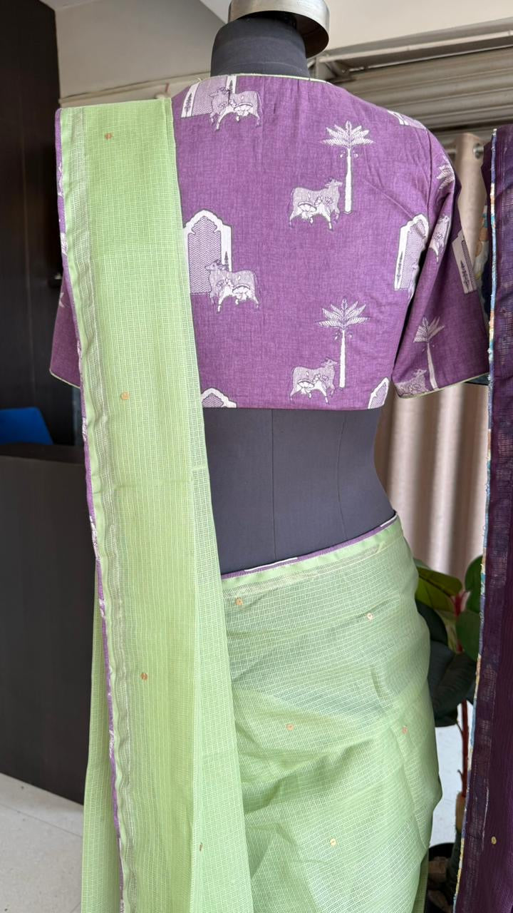 Parrot kota saree with lavender cotton blouse
