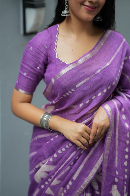Purple linen floral saree with hand work blouse