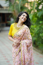 Yellow silk JEWEL NECK hand work blouse