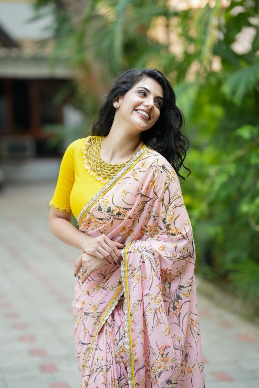 Yellow silk JEWEL NECK hand work blouse