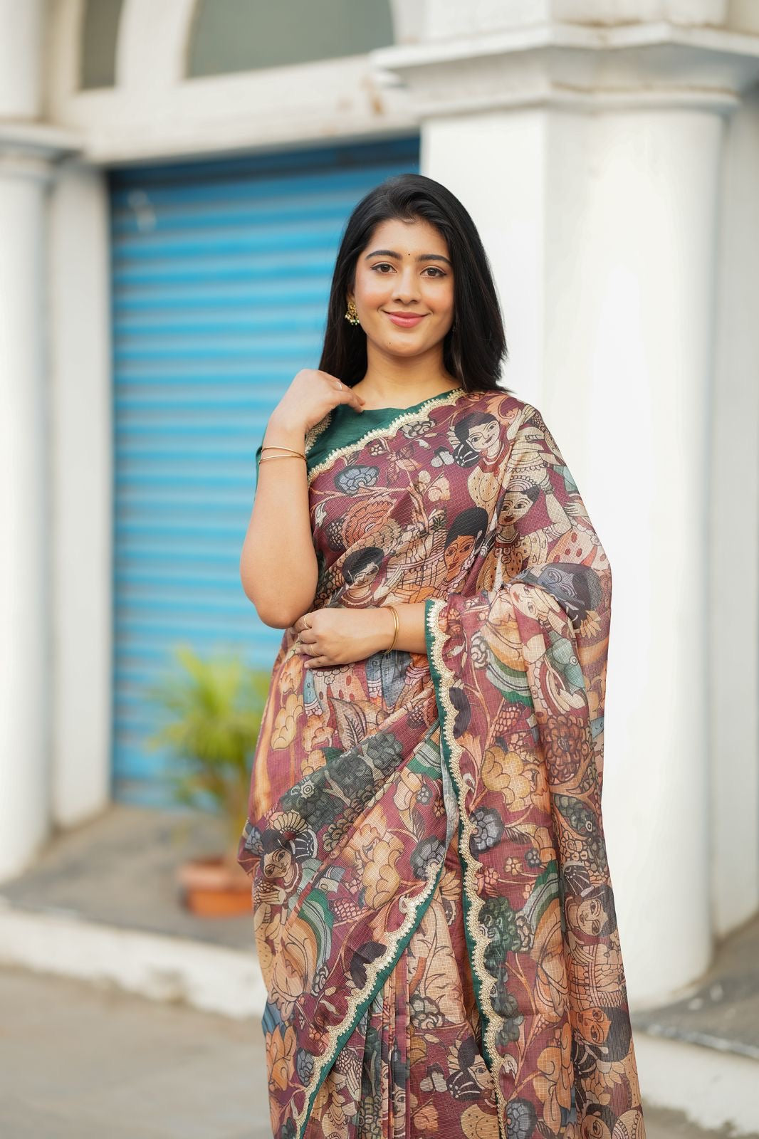 Brown kota kalamkari saree with embroidery blouse