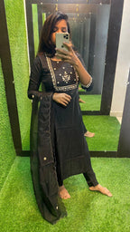 Black silk hand work embroidery 3 piece kurti set - Threads