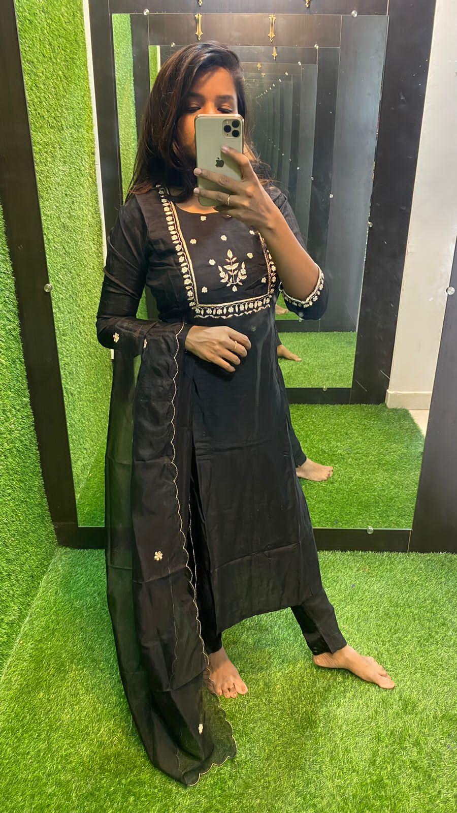 Black silk hand work embroidery 3 piece kurti set - Threads