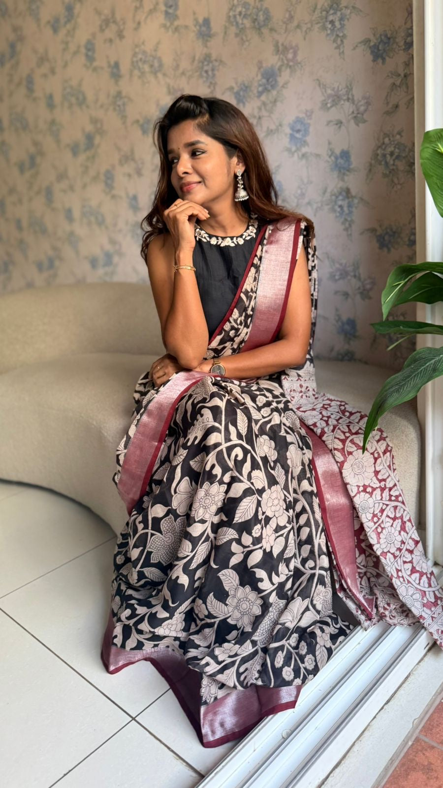 Black linen cotton kalamkari saree with embroidery blouse