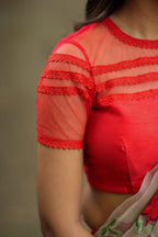 Glossy organza saree with red embroidery blouse