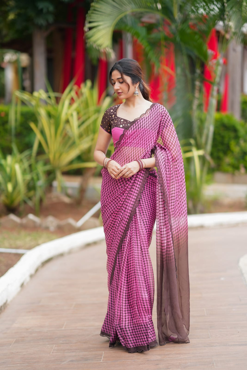 Pink viscose jute saree with hand work blouse