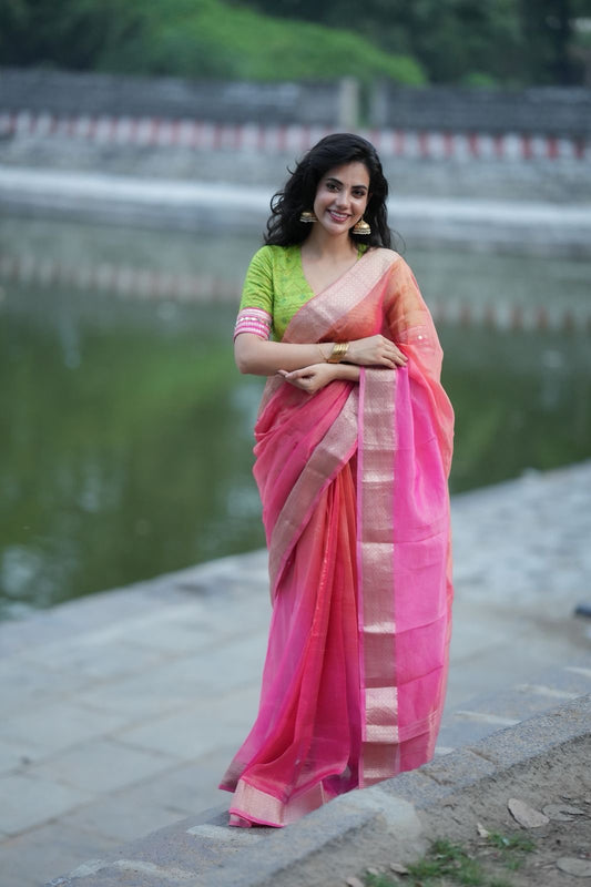 Pink & orange banarasi silk saree