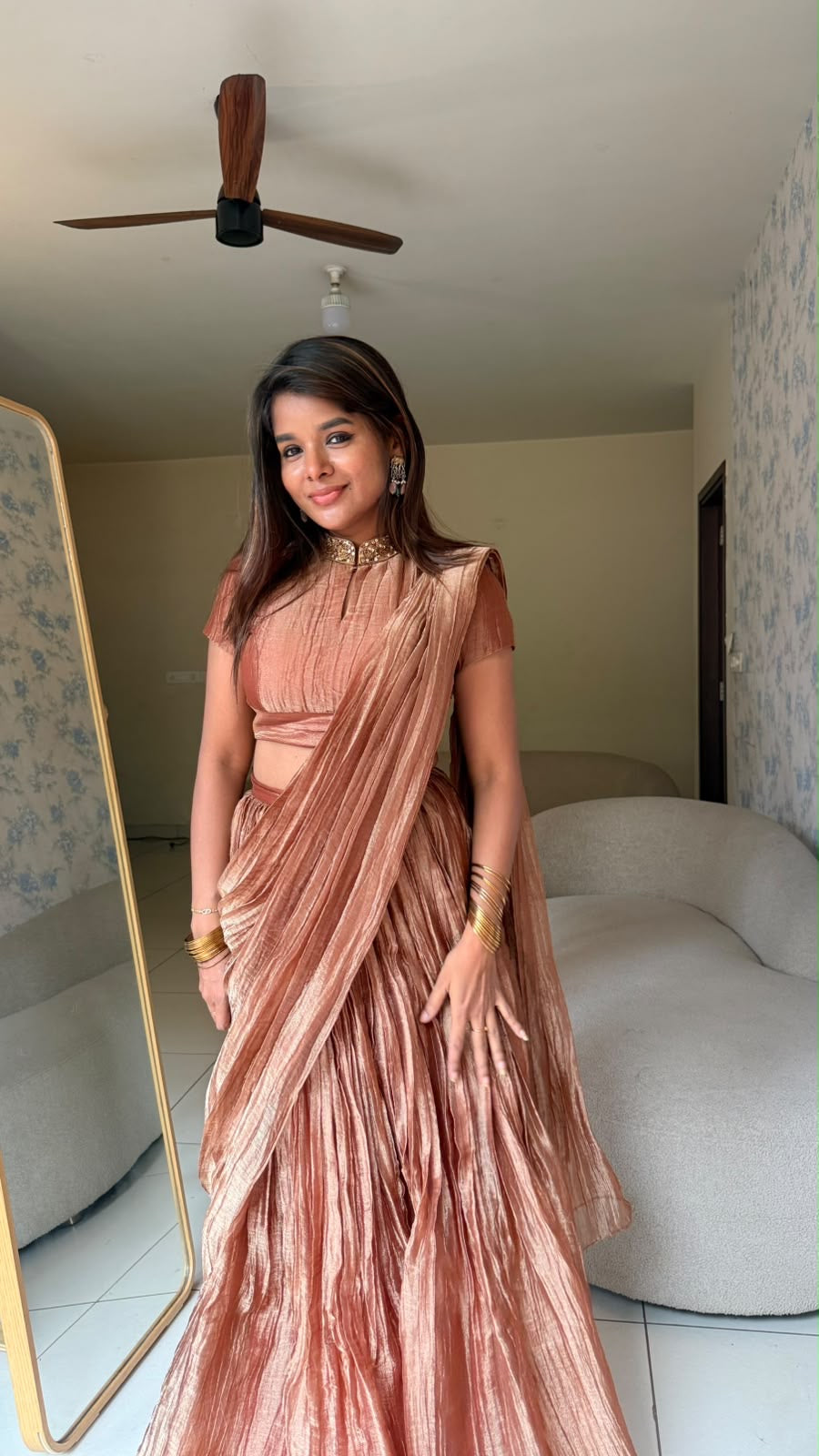 Copper tissue hand work lehenga
