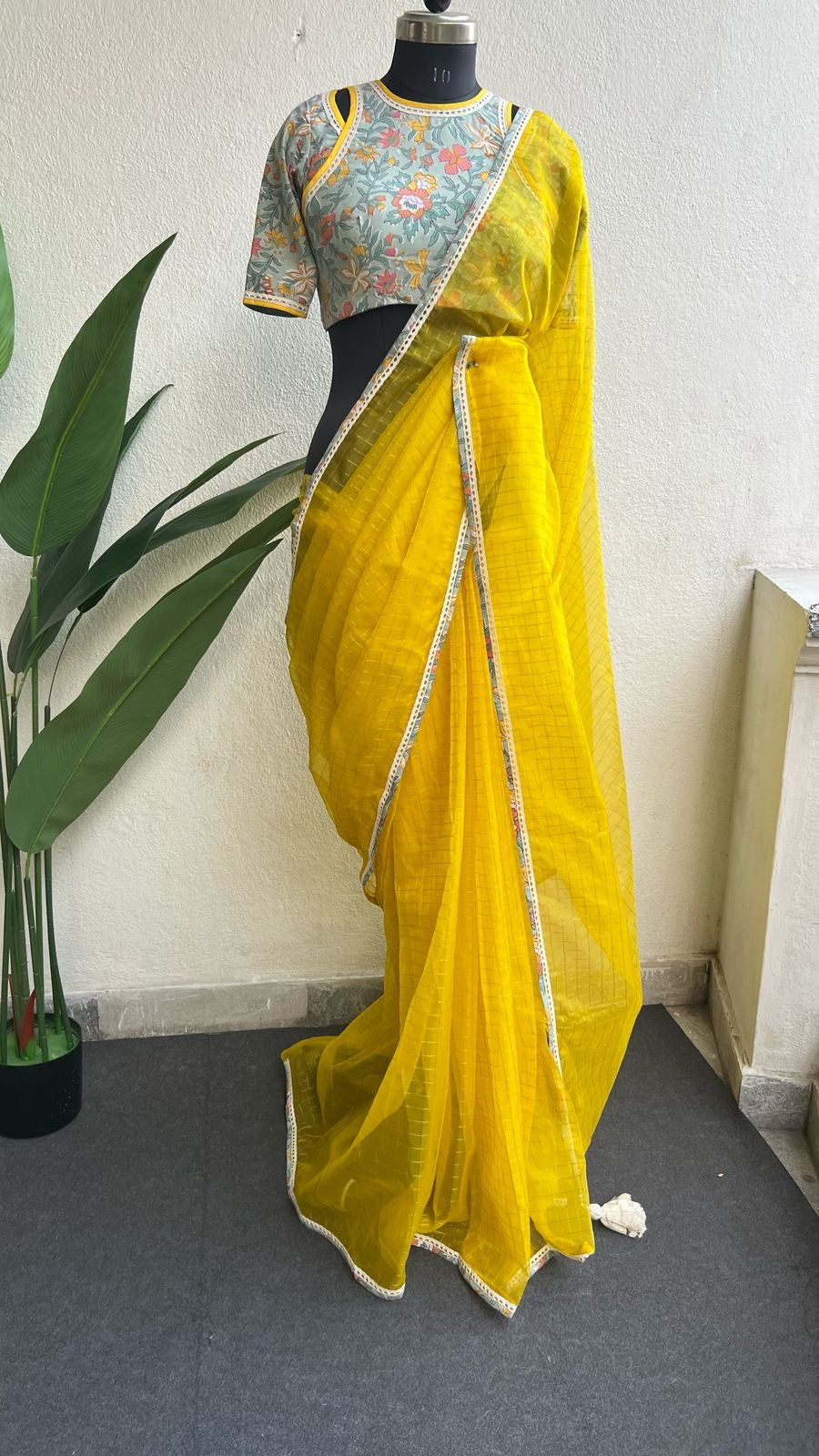 Yellow checked organza with floral cotton blouse
