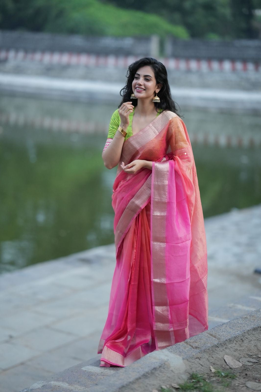 Parrot ikkat silk hand work blouse (Only blouse)