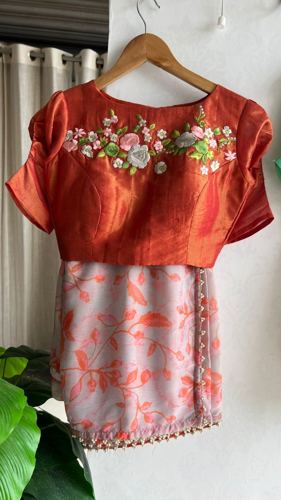 Reddish orange tissue floral hand work blouse(only blouse)