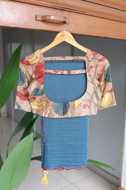 Blue malai cotton saree with kalamkari handwork blouse