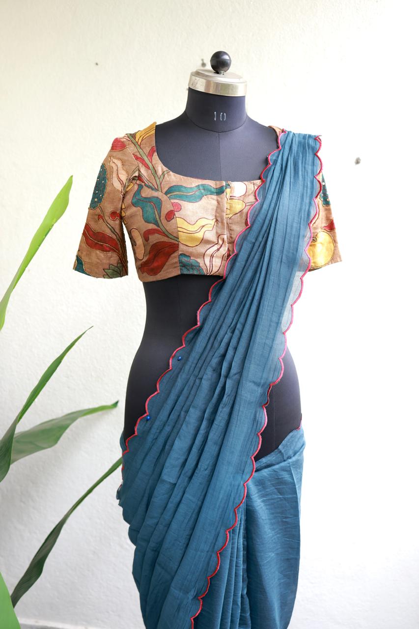 Blue malai cotton saree with kalamkari handwork blouse