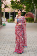 Maroon cotton kota saree with hand work blouse