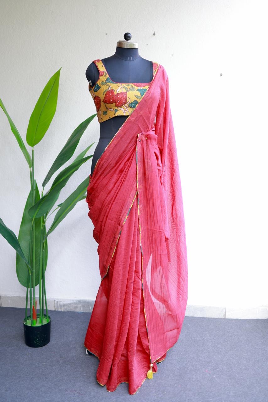 Red chanderi cotton saree with kalamkari handwork blouse